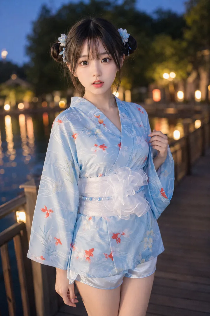 実写AI美女版｜水色の金魚と波紋柄ミニ浴衣にサテンショートパンツを重ねたコーデ