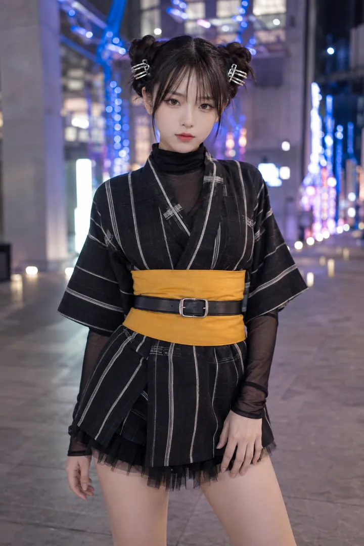実写AI美女版｜黒の縦縞と格子柄ミニ浴衣にシアートップスと厚底ブーツを合わせたコーデ