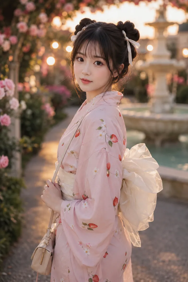 実写AI美女版｜ミルキーピンクのいちご柄浴衣にアイボリーの大きなリボン帯を合わせた浴衣コーデ