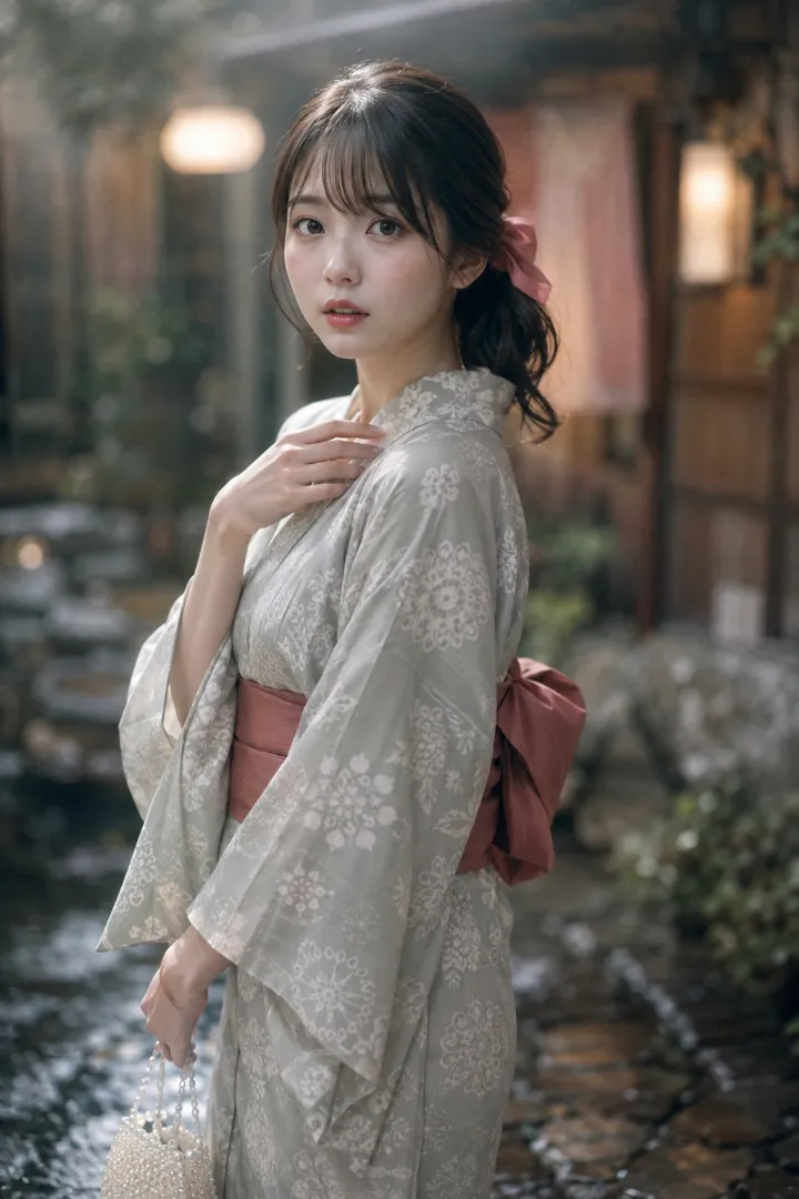 実写AI美女版｜セージグレーの雪輪柄を使った二部式浴衣コーデ
