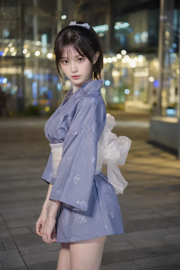実写AI美女版｜サックスブルーのリボン柄ミニ二部式浴衣に白サンダルを合わせたコーデ