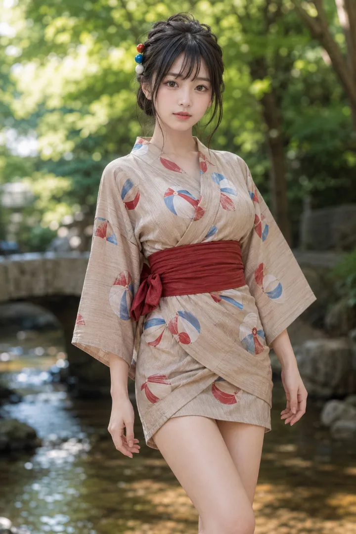 実写AI美女版｜キャラメルベージュの紙風船柄を使ったミニラップ浴衣コーデ