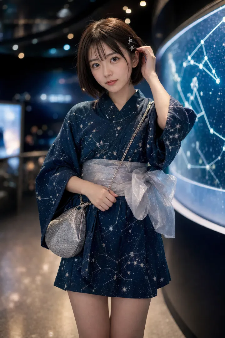 実写AI美女版｜ティールブルーの星座柄ミニ浴衣にキュロットと白スニーカーを合わせたコーデ