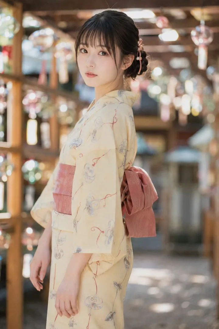 実写AI美女版｜淡い黄色の風鈴柄浴衣にサーモンピンクの半幅帯を合わせた浴衣コーデ