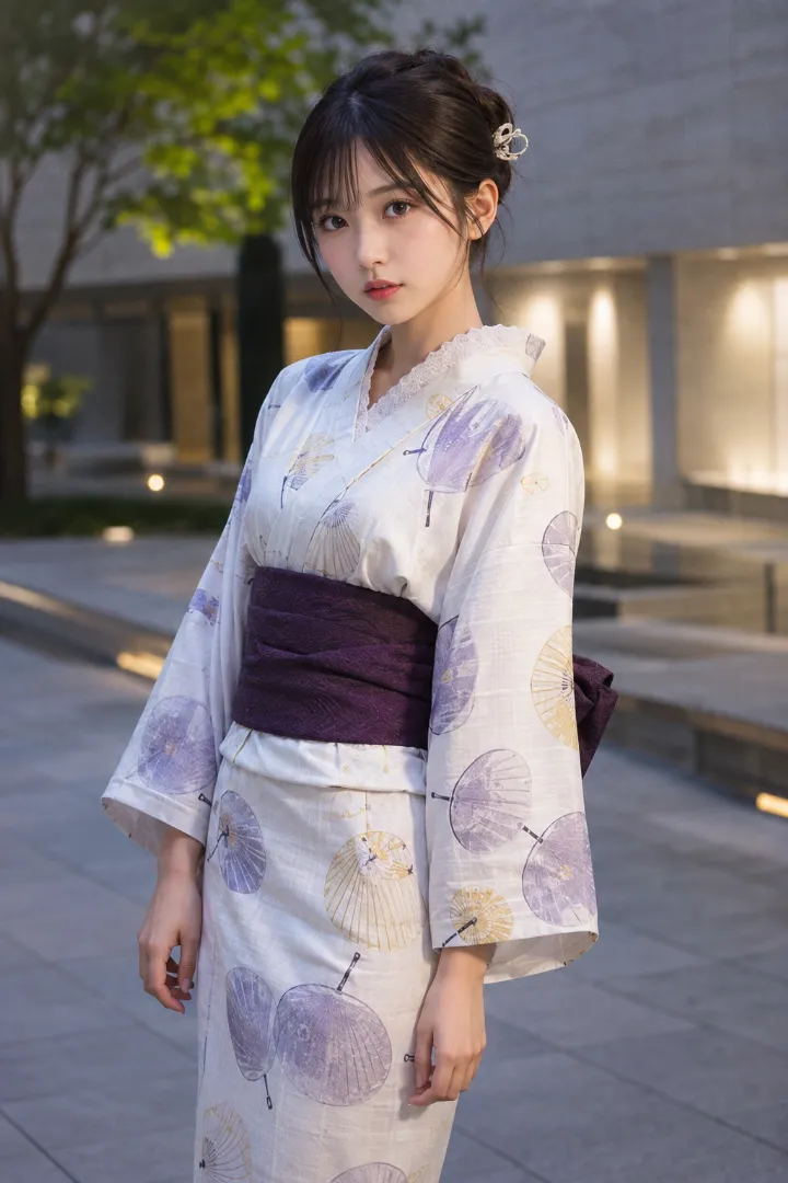 実写AI美女版｜オフホワイトの団扇柄浴衣に深紫の半幅帯を合わせた浴衣コーデ