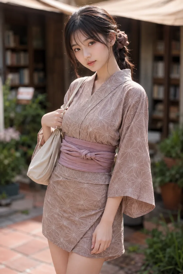 実写AI美女版｜ココアブラウンの麻の葉柄ミニラップ浴衣に白い足袋ソックスを合わせたコーデ