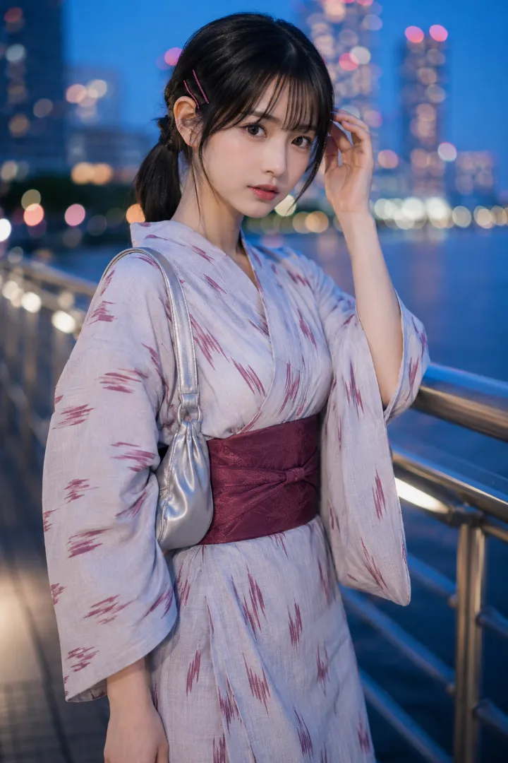実写AI美女版｜アイスグレー地にベリーピンクの矢絣柄をあしらったミニ浴衣コーデ