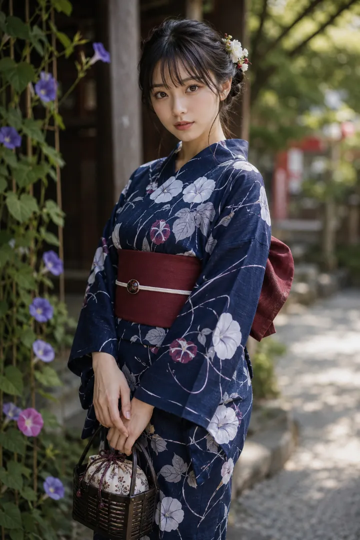 実写AI美女版｜濃紺の朝顔と流水柄浴衣にボルドーの半幅帯を合わせた浴衣コーデ