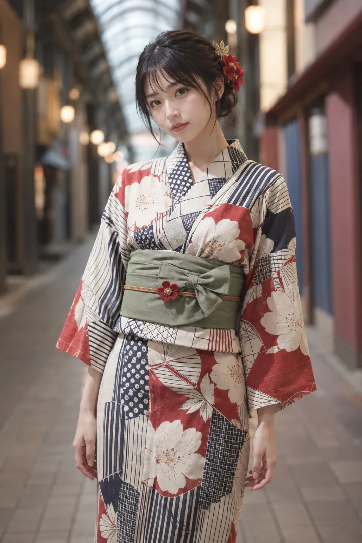 実写AI美女版｜アイボリーの幾何学と大花柄浴衣にセージグリーンの兵児帯を合わせた浴衣コーデ