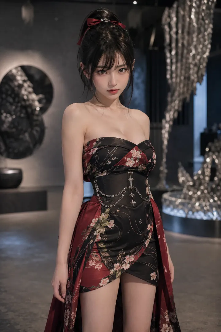 実写AI美女版｜黒地の大花柄ストラップレス浴衣ドレスをコルセットで締めたコーデ