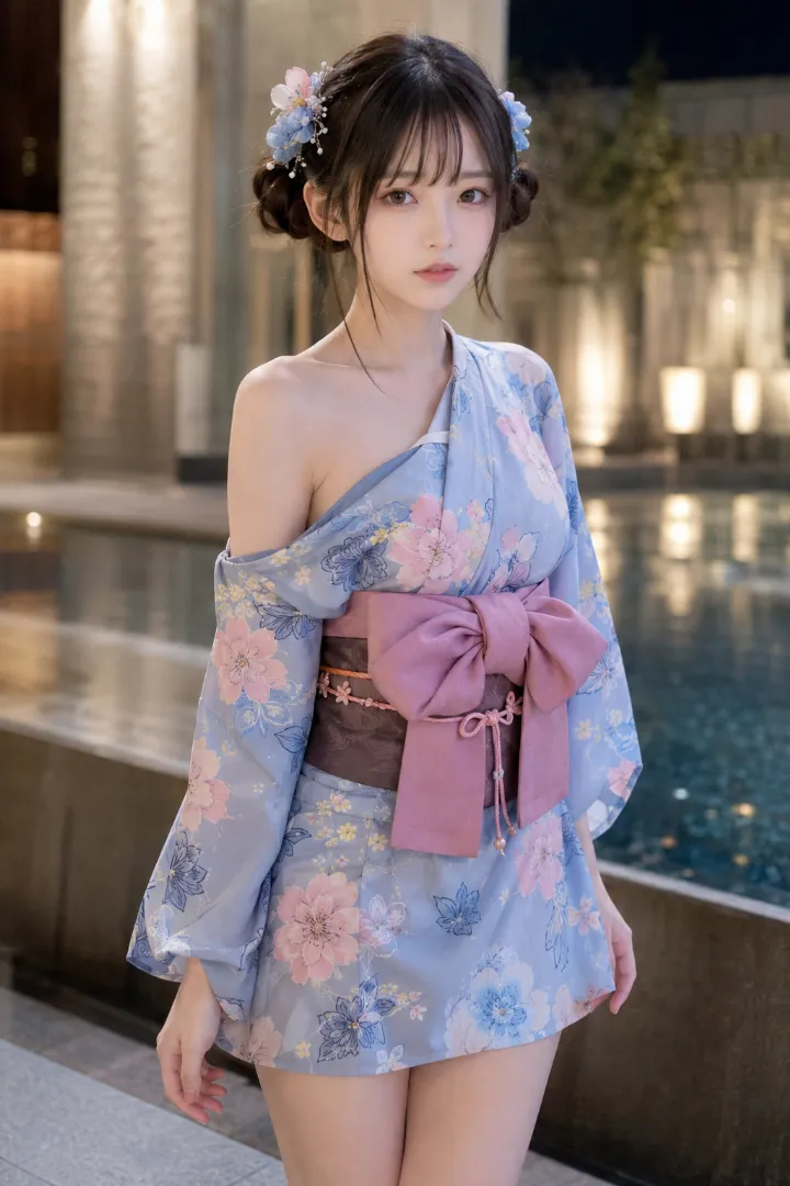 実写AI美女版｜サックスブルーの花柄ワンショルダー浴衣に前リボン帯を合わせたコーデ