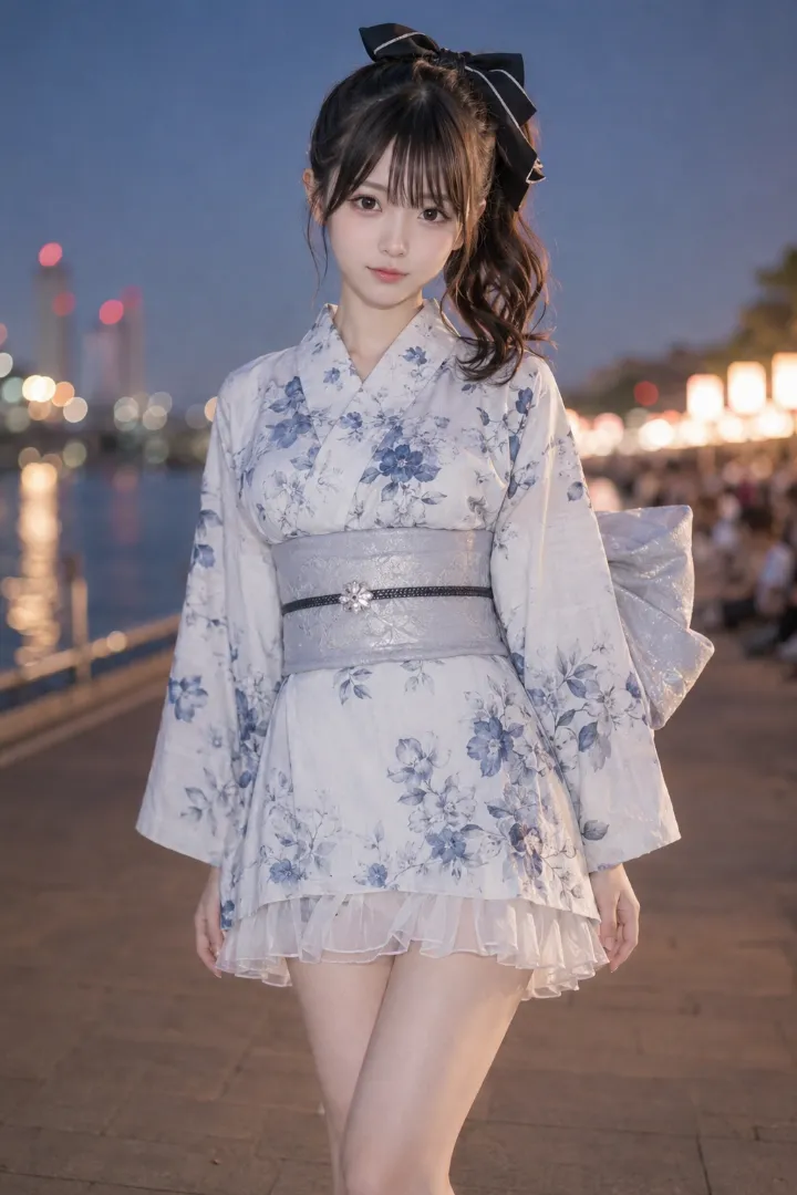 実写AI美女版｜寒色の水彩柄ミニ浴衣に白チュールと黒リボンを合わせたコーデ