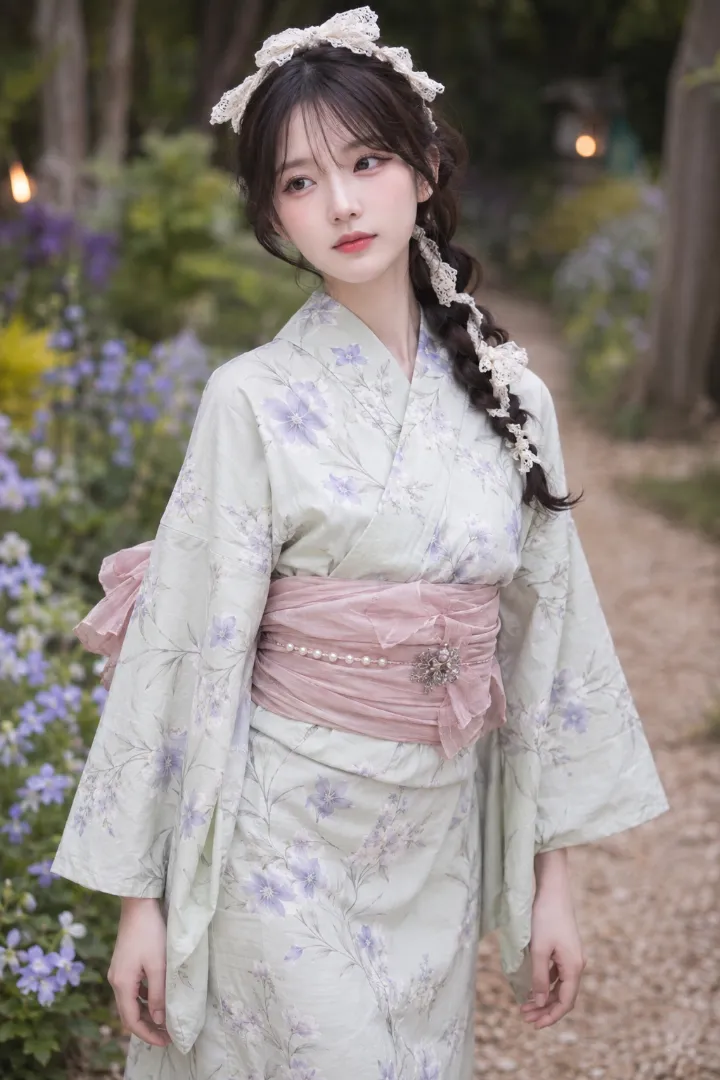 実写AI美女版｜セージグリーンの桔梗柄浴衣に白レースを取り入れた浴衣コーデ
