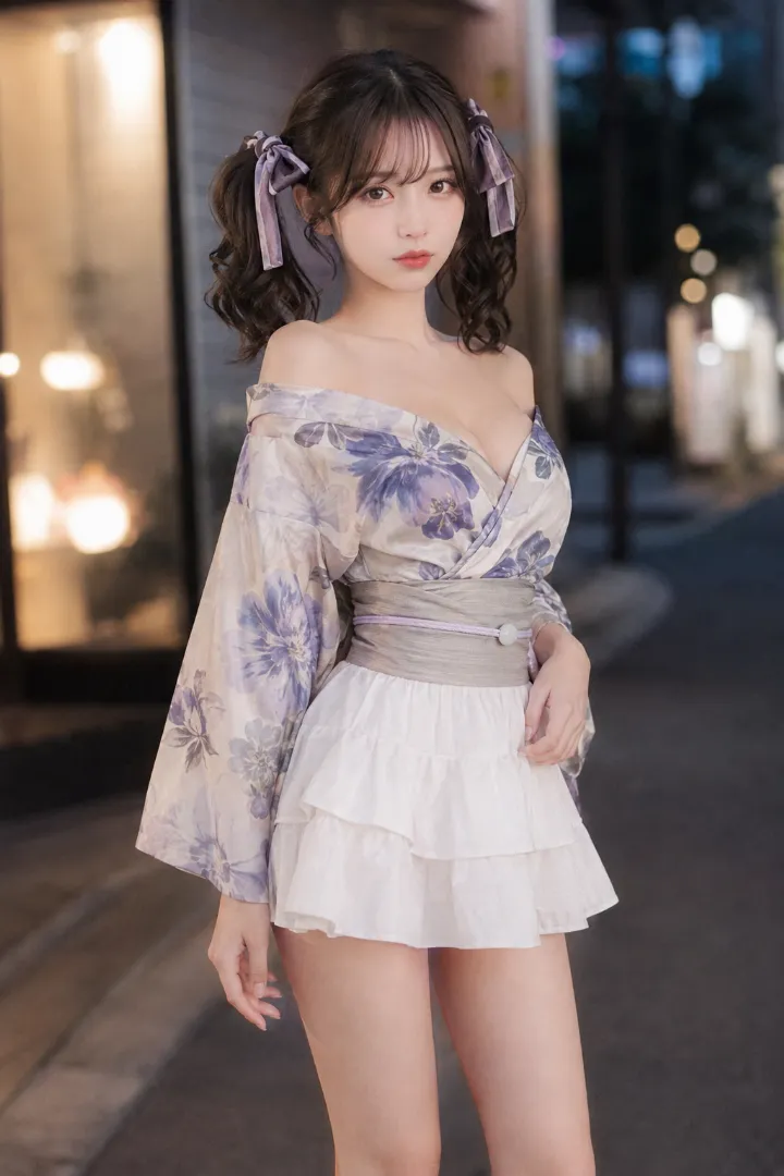 実写AI美女版｜ラベンダー花柄のオフショルダー浴衣に白ティアードスカートを合わせたコーデ
