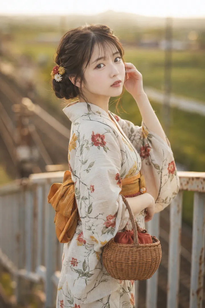 実写AI美女版｜生成りの菊柄浴衣にからし色の兵児帯を合わせた浴衣コーデ