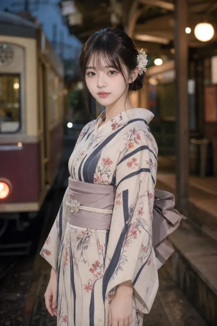 実写AI美女版｜グレージュの縦縞と小花柄浴衣にモーヴグレーの兵児帯を合わせた浴衣コーデ