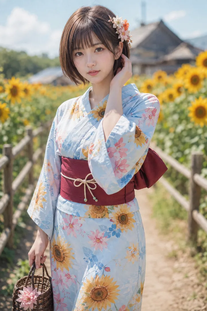 実写AI美女版｜水色の向日葵柄浴衣にボルドーの半幅帯を合わせた浴衣コーデ