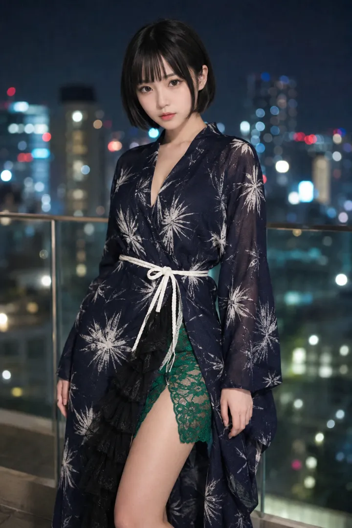 実写AI美女版｜星形絞り柄のロングシアー浴衣を白コードベルトで締めたモードコーデ