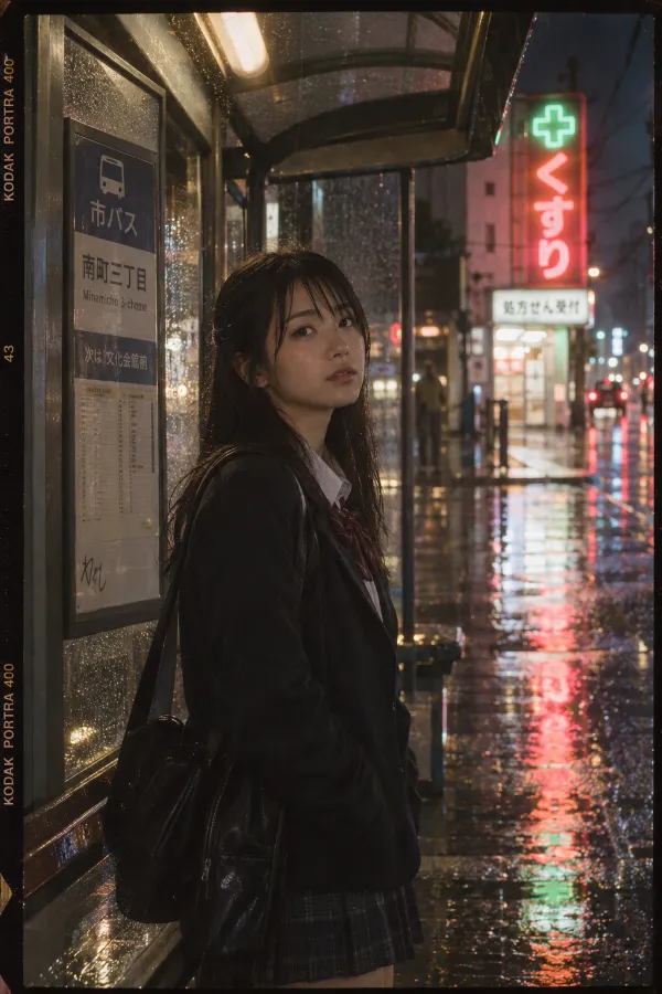 雨の夜のバス停。薬局のネオンが光る街角を背景にした実写写真。