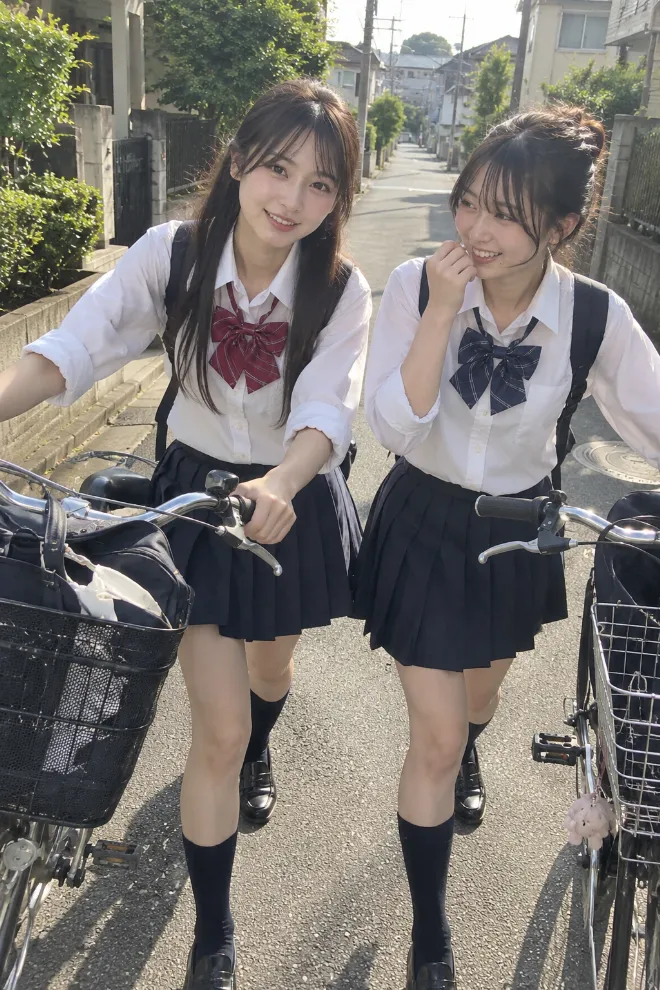 iPhoneで撮影したような自然なスマホ写真。制服姿の20歳の日本人女性が住宅街で友人と自転車を押して歩く正面構図。