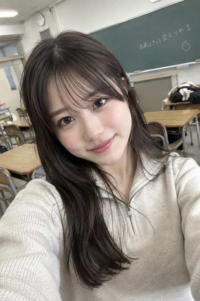 iPhoneの自撮り写真風。カジュアルな服装の20歳の日本人女性が教室でセルフィーを撮っている様子。