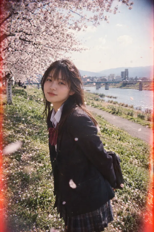 春の河川敷。満開の桜と舞う花びらを背景に、制服姿の日本人女性が写る写真。