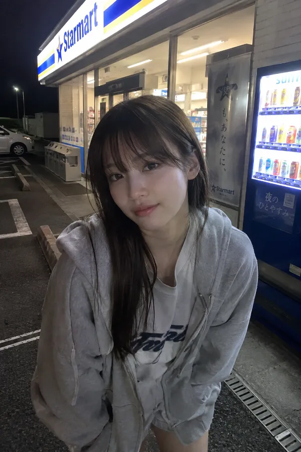 深夜のコンビニ前。蛍光灯と自販機が明るく光る街角の写真の背景プロンプト作例。