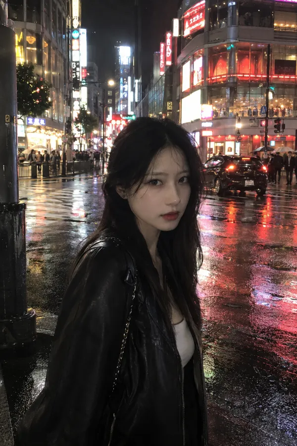 雨の夜の繁華街。濡れた道路にネオンが反射する都市の実写写真。