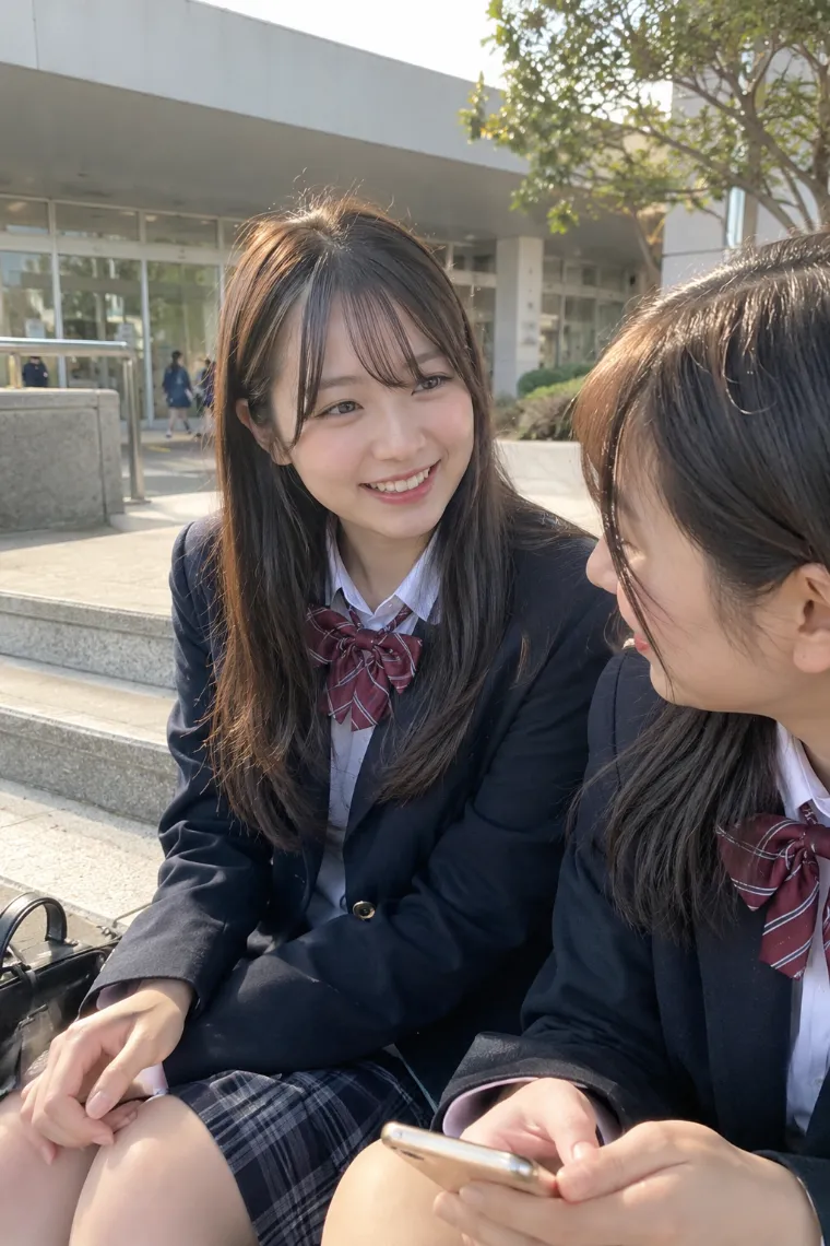 iPhoneの背面カメラで撮ったような自然なスナップ。制服姿の20歳の日本人女性が友人と会話している。