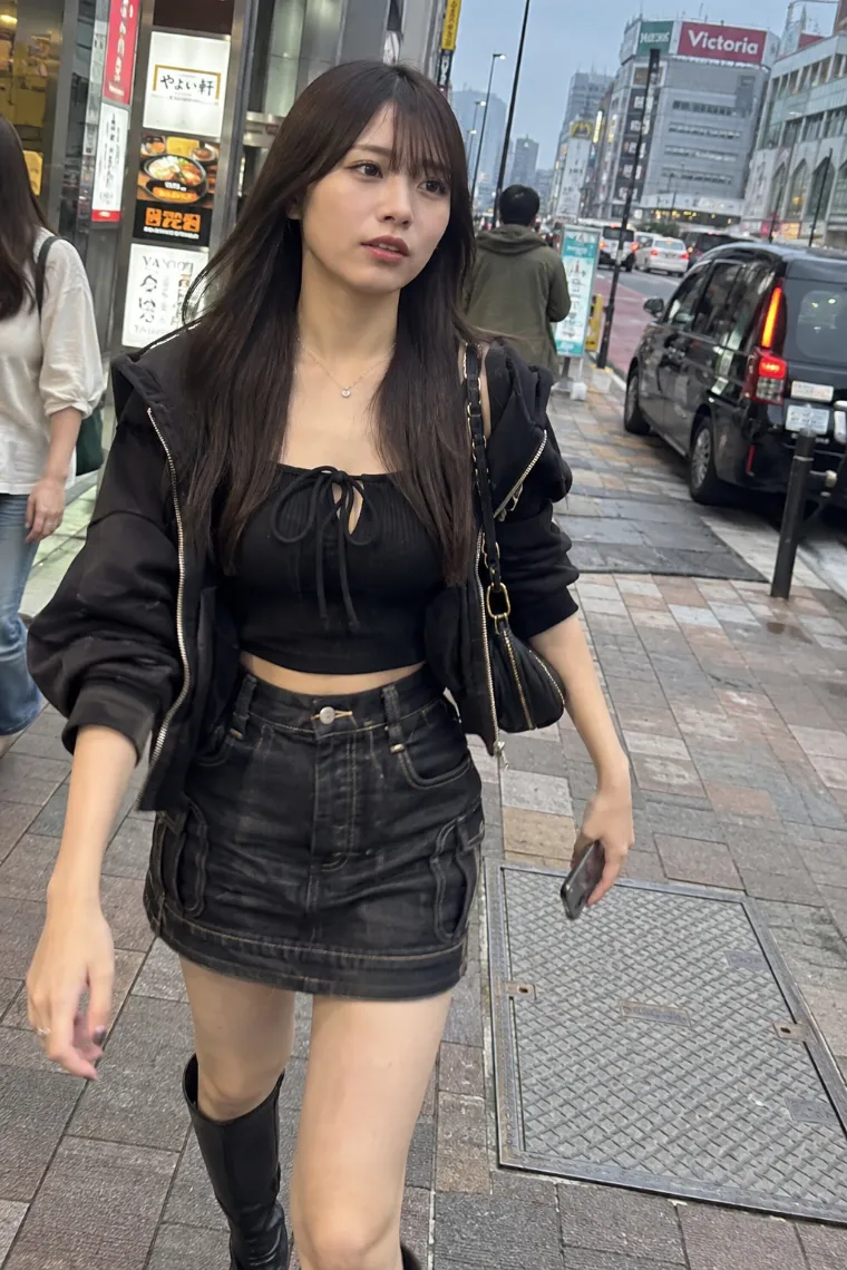 携帯電話で何気なく撮影したようなスナップ写真。ストリートファッションの20歳の日本人女性が歩いている。
