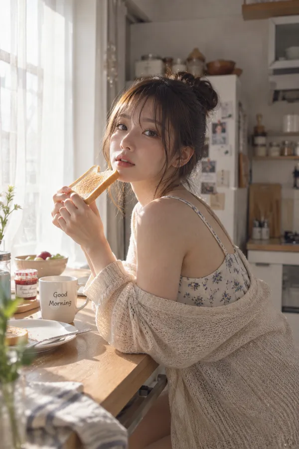 朝のキッチン。トーストとカーテン越しの光がある日常的な室内風景。