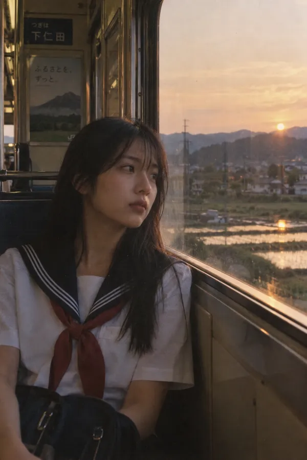 夕暮れのローカル線。車窓から田園風景が広がる電車内の写真。