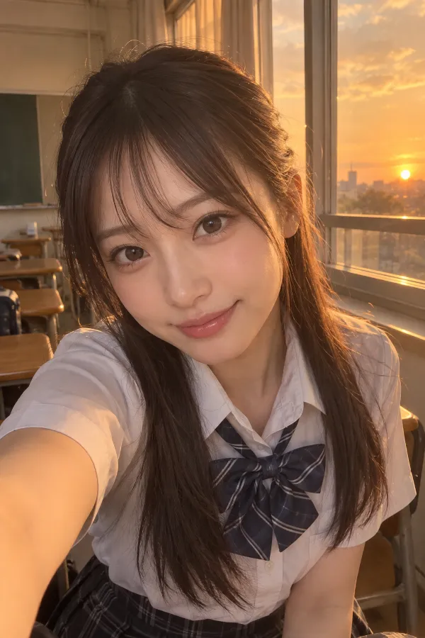 放課後の教室。窓から夕日が差し込む、制服姿の日本人女性の写真。