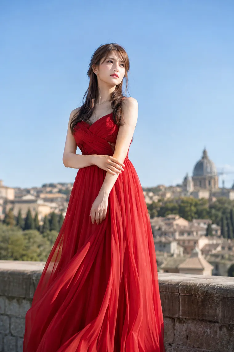 プロ用一眼レフで撮影したようなポートレート。赤いロングドレス姿の20歳の日本人女性が青空の下で遠くを見つめている。
