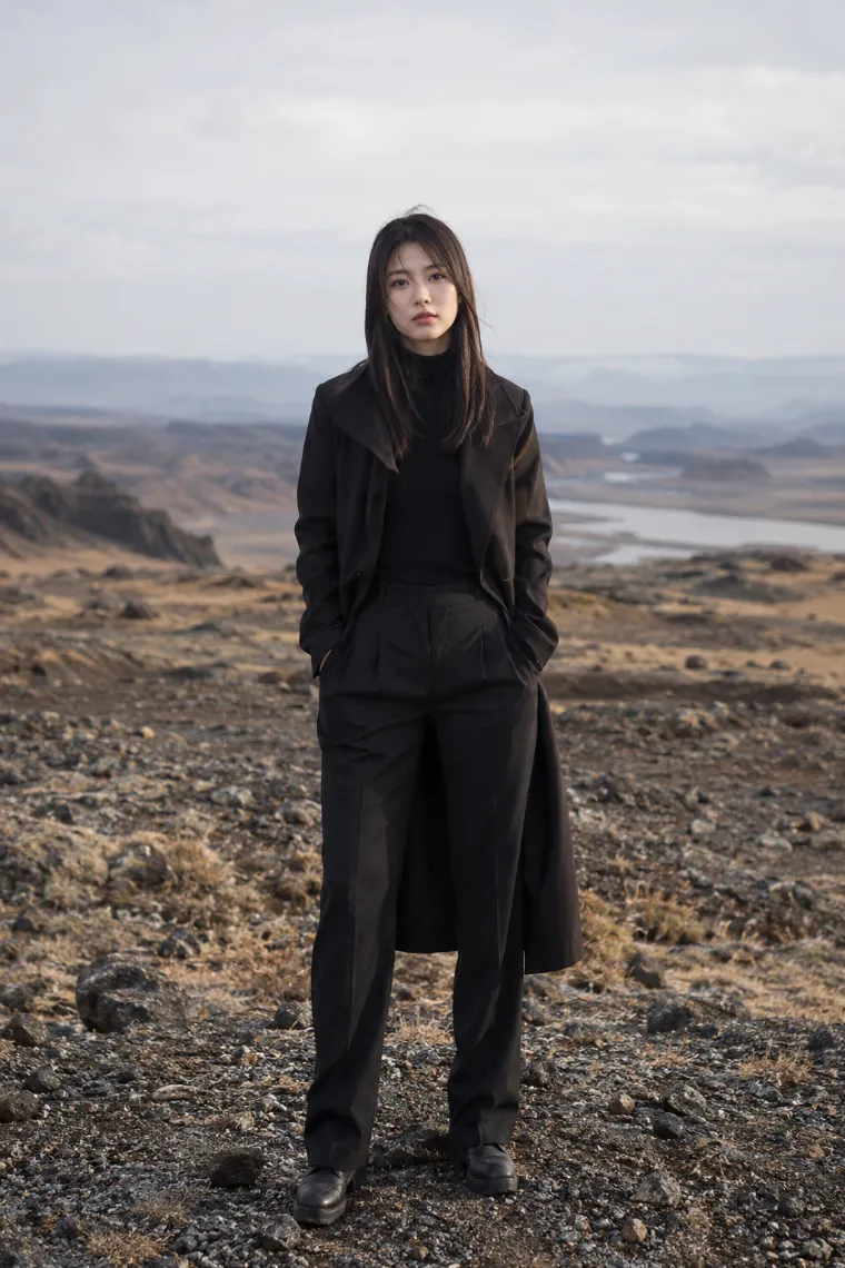 フルサイズカメラで撮影したような高精細ポートレート。黒い服を着た20歳の日本人女性が荒野で真正面を向いて立っている。