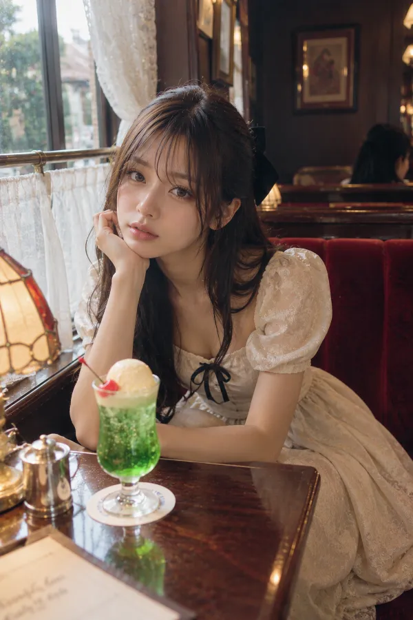昔ながらの純喫茶。赤いソファとクリームソーダが印象的な実写プロンプト作例。