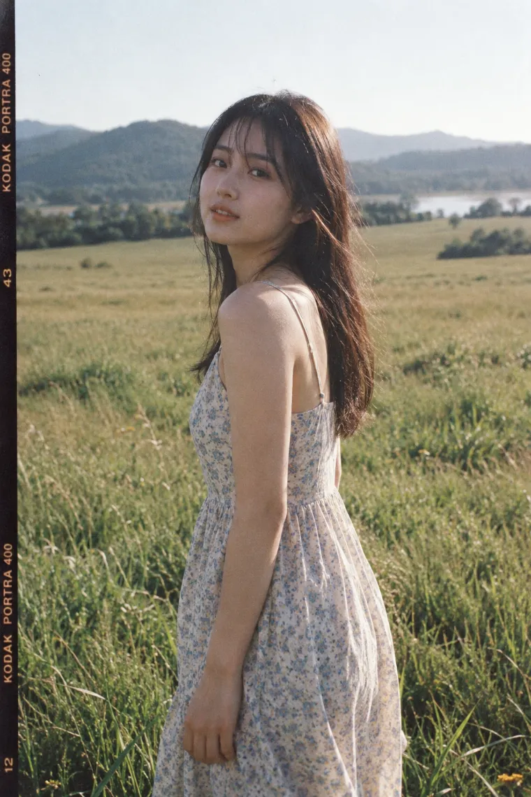 35mmフィルムで撮影したような写真。サンドレス姿の20歳の日本人女性が草原にいる。