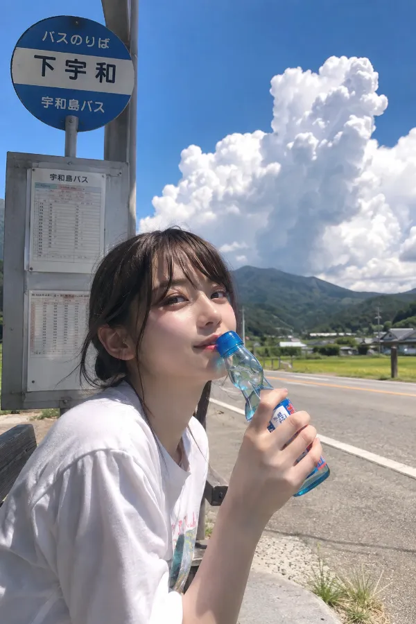 真夏の田舎のバス停。青空と入道雲、ラムネのある写真の背景プロンプト作例。