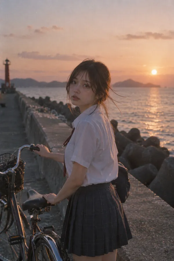 夕暮れの防波堤。海と自転車、夕方の空が広がる海辺の実写プロンプト作例。