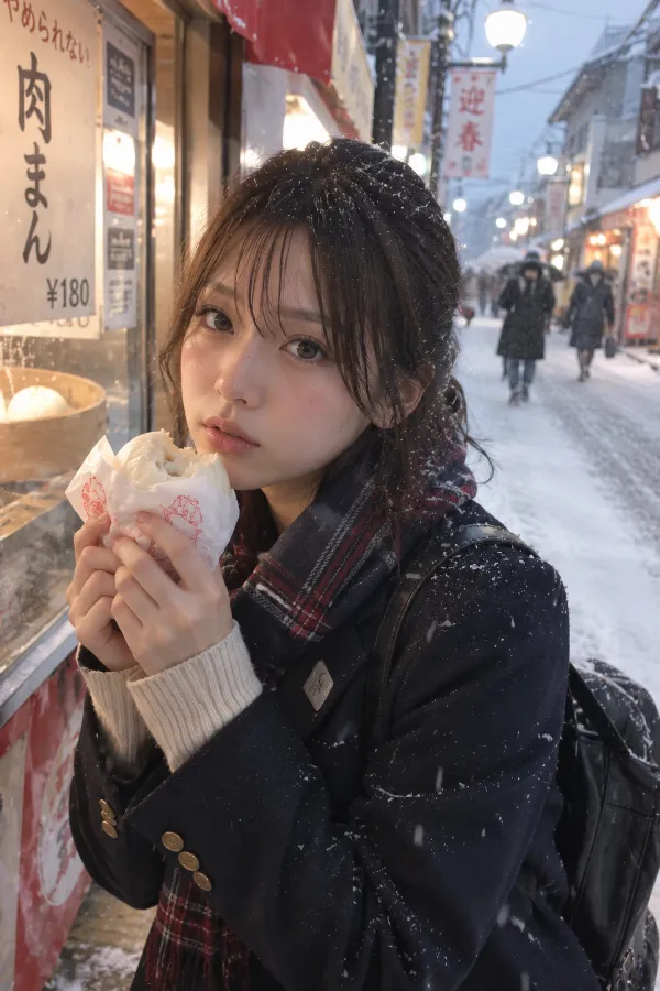 雪が降る冬の商店街。店先が並ぶ昔ながらの街並みと雪道の風景。