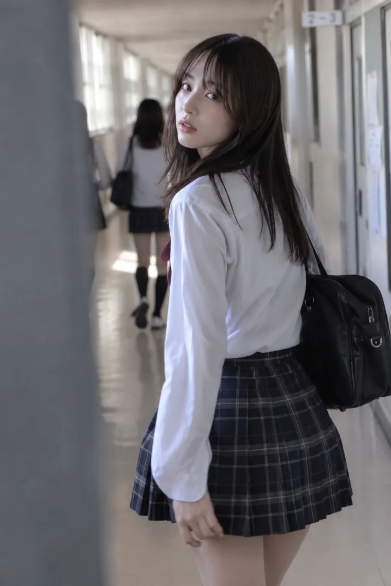 パパラッチに不意に撮られたような写真。制服姿の20歳の日本人女性が廊下で振り返っている。