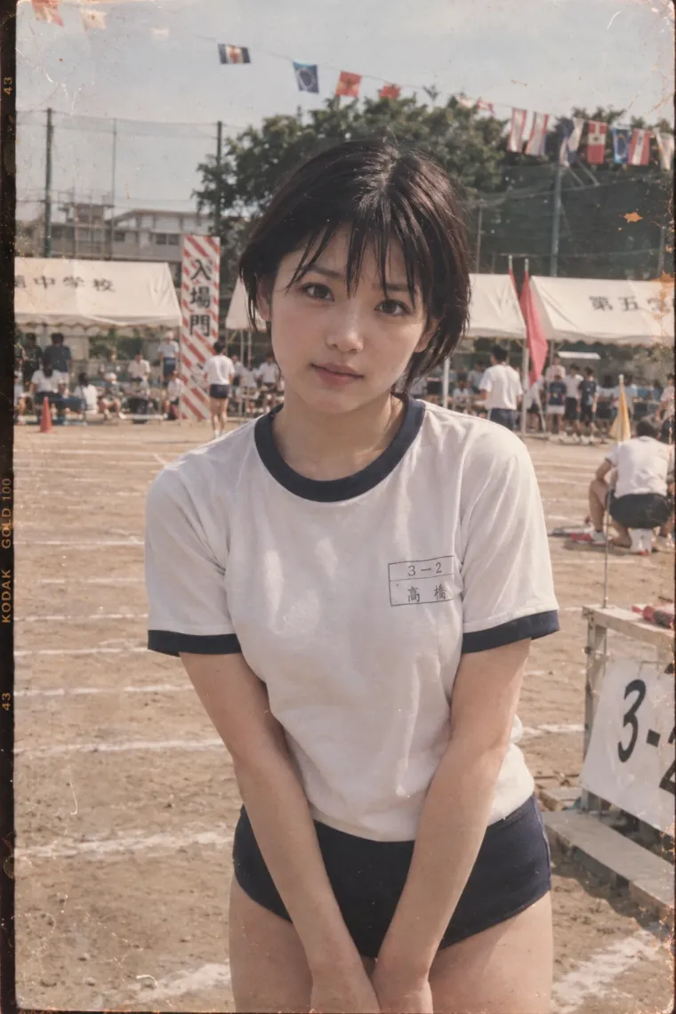 荒れたアナログ写真風。体操服姿の20歳の日本人女性が体育祭の行われているグラウンドにいる。