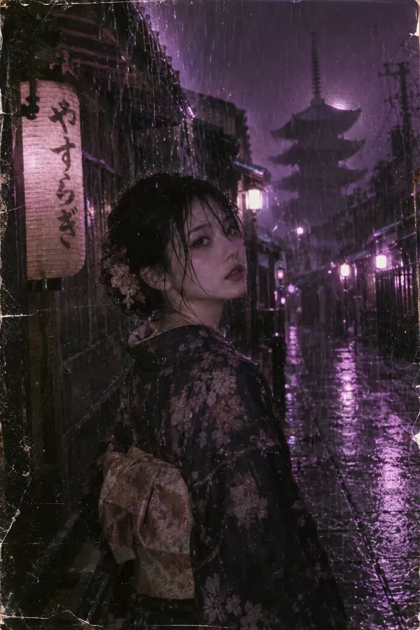 豪雨の夜の和風街並み。昔ながらの建物が並ぶ路地を使った写真の背景プロンプト作例。