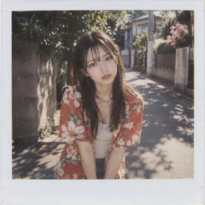1990年代後半のポラロイド写真風。アロハシャツ姿の20歳の日本人女性が木漏れ日のある住宅街で正面を向いている。