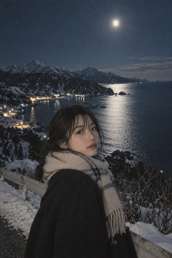 月明かりに照らされた雪山と静かな湾。星空と冬の海が広がる夜景。