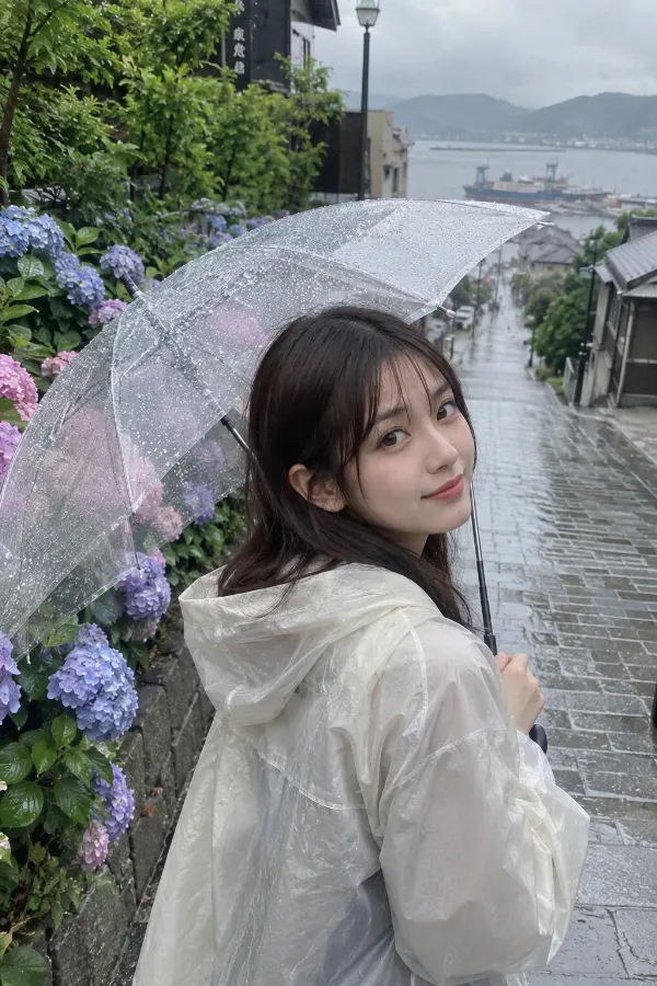 梅雨の紫陽花が咲く濡れた坂道。透明傘を持つ日本人女性が写る雨の日の風景。