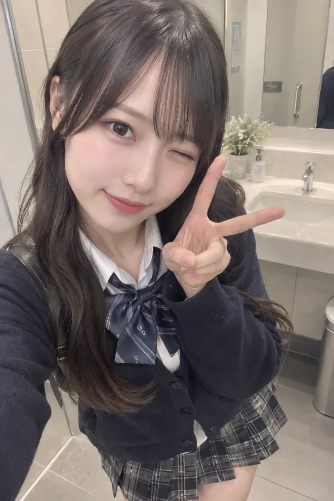 美顔カメラで加工した自撮り風。制服姿の20歳の日本人女性が洗面所でポーズをとっている。