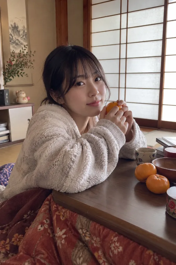 冬の和室。こたつ、みかん、障子越しの光を組み合わせた実写プロンプト作例。