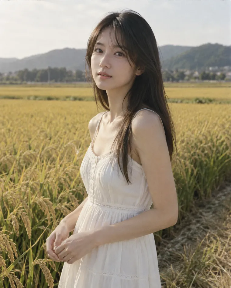 大判フィルムで撮影したようなポートレート。白いサンドレス姿の20歳の日本人女性が秋の稲穂畑にいる。