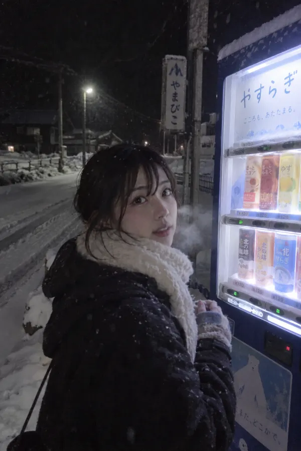 雪の夜の田舎道。暗闇に光る自販機と雪景色を組み合わせた実写プロンプト作例。